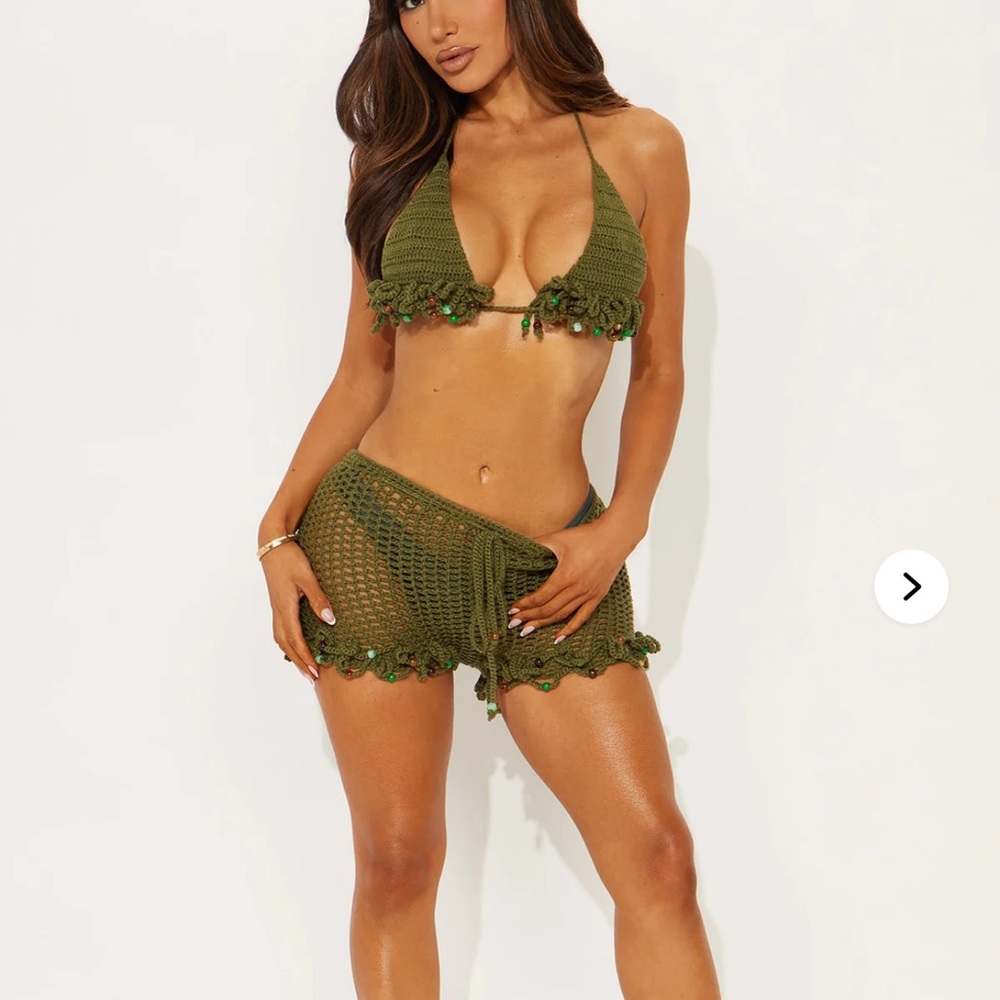 Olive Crochet Triangle Bikini Top & Shorts Set - Women Swim